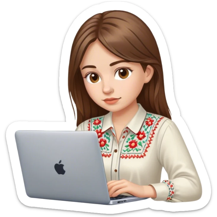 A Ukrainian girl with brown hair in an embroidered shirt works at her laptop sticker