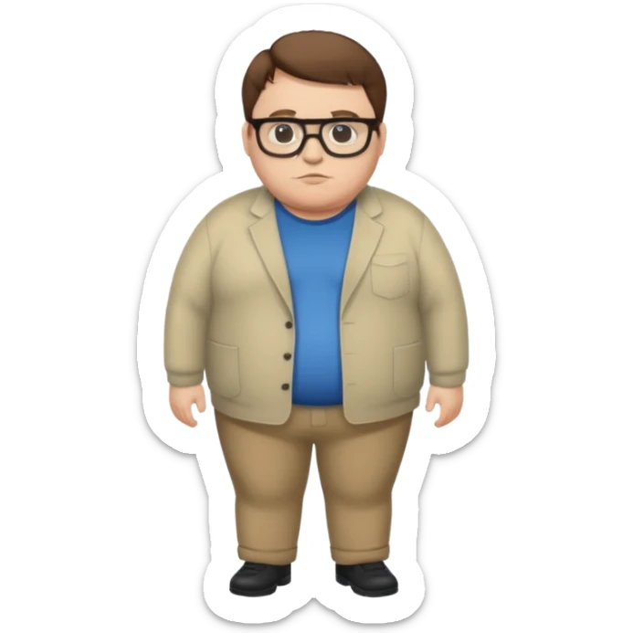 Create a fat emoji full body white man with brown hair and black glasses sticker