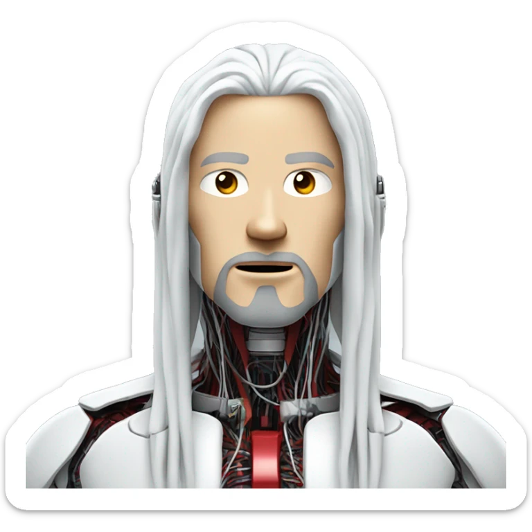 White long hair and goatee male cyborg head with red skin and wires  sticker