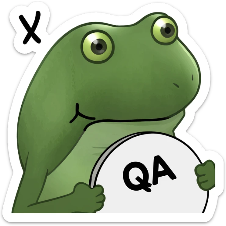 funny frog head emoji holding a sign on top that says 'QA', the sign and letters are very obvious sticker