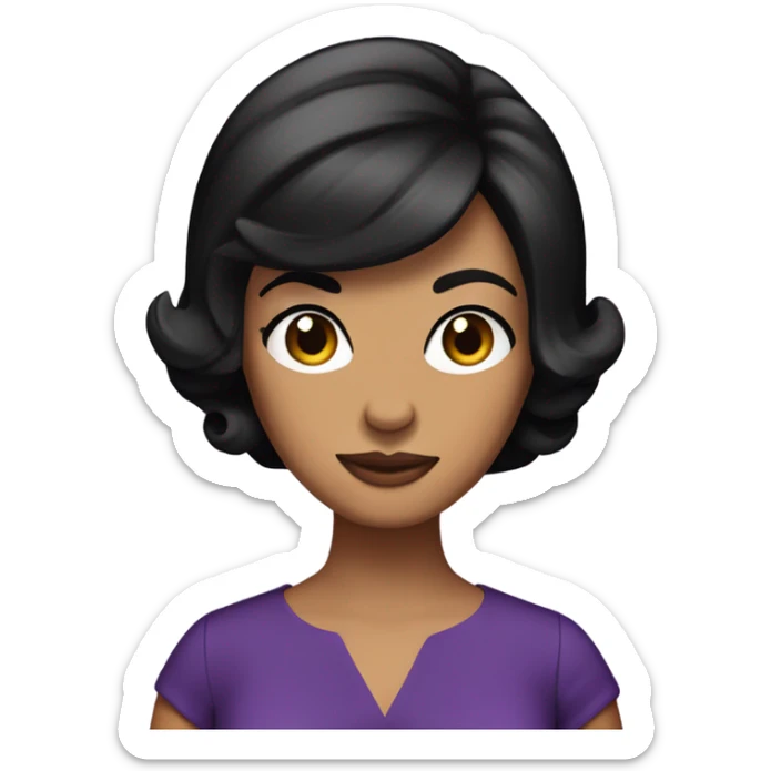 Tanned woman with short black hair wearing 60s style purple dress and hair sticker
