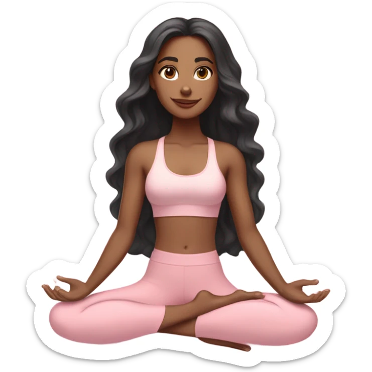 black long wavy hair and brown eyes with light skin yoga girl in light pink clothes sitting on a yoga mat  sticker