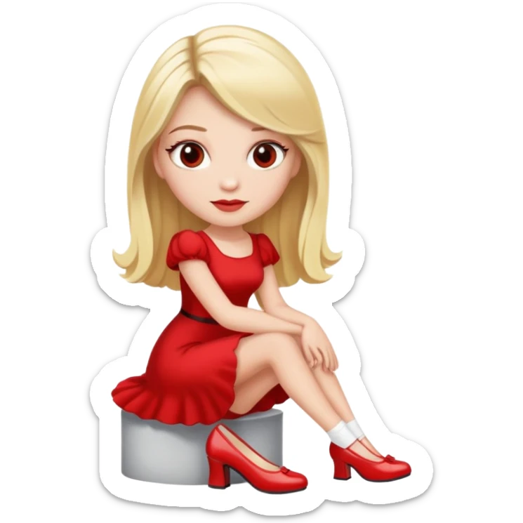 A blonde woman with long lashes an a red dress and white shoes  sticker