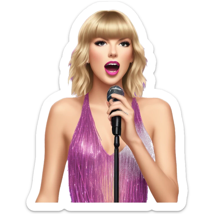 Taylor Swift wearing pink and purple bodysuit sparkly tassels, holding a microphone and singing  sticker