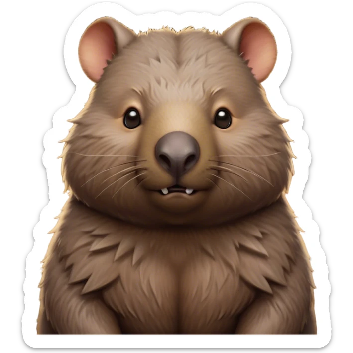 Cinematic Noble Wombat Portrait Emoji, Poised and regal, with a stout, muscular build and a dense, shaggy fur of earthy brown, deep-set soulful eyes with a hint of gruff wisdom, Simplified yet sharp and sophisticated features, highly detailed, glowing with a warm, dignified glow, high shine, intelligent and sturdy, stylized with an air of bushland majesty, focused and attentive, soft glowing outline, capturing the essence of a watchful and confident burrower, so majestic it feels as though it could plod out of the screen with effortless authority! sticker