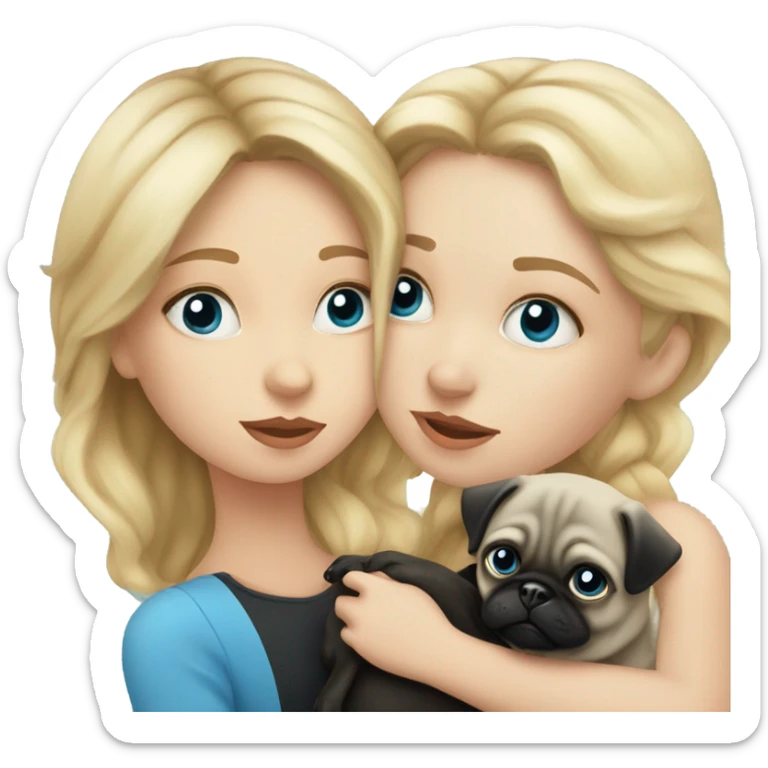 Girl with wavy blonde hair and blue eyes, kissing a black pug sticker