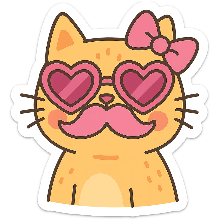 cat with pink heart sunglasses, pink moustache, and pink bow in pastel toon style sticker