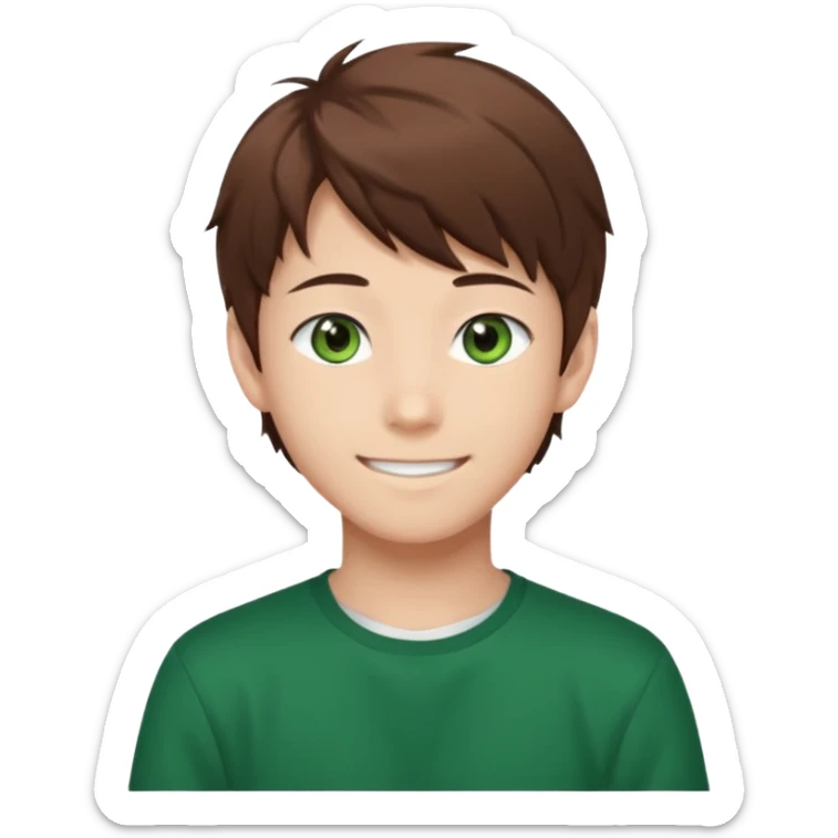 the face of an Anime asian style teen boy with brown hair, green eyes, looking smiling slightly sideways positioned. Face must be main filling of the emoji.  128px sticker