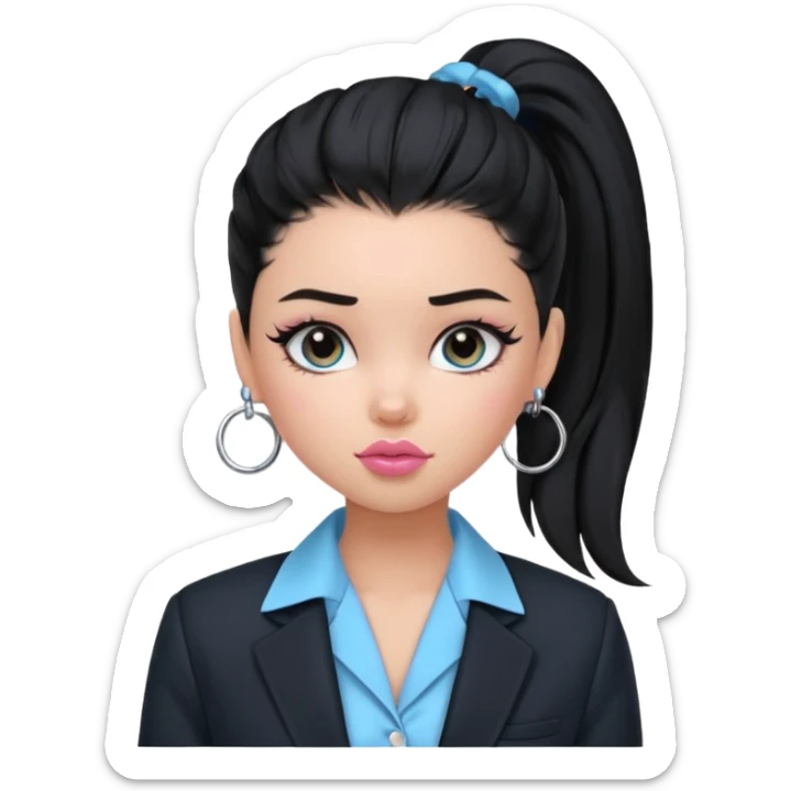 generate a pretty bratz girl with black hair tied up in a single ponytail. wearing a light blue full sleeve shirt and a black blazer over it. silver small hoops, pink lipgloss.  sticker