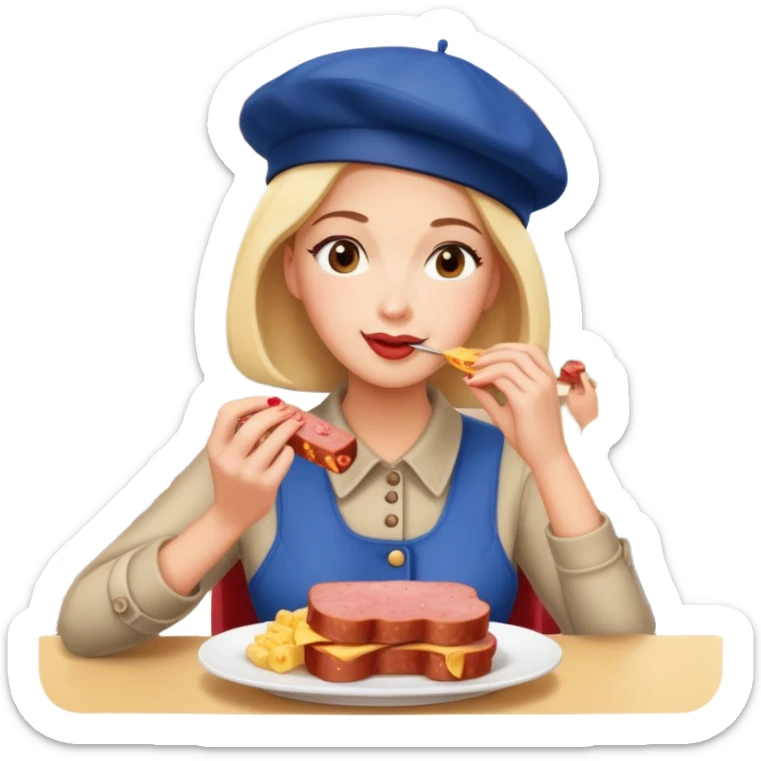  paris woman eating SPAM meat at fench spam cafe landscape  sticker