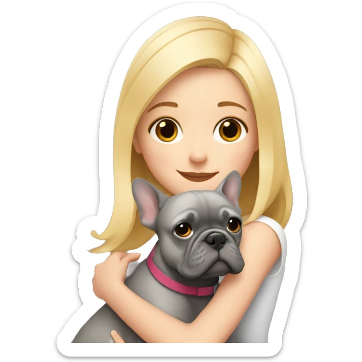 A blonde girl with a square hugs a gray French bulldog sticker
