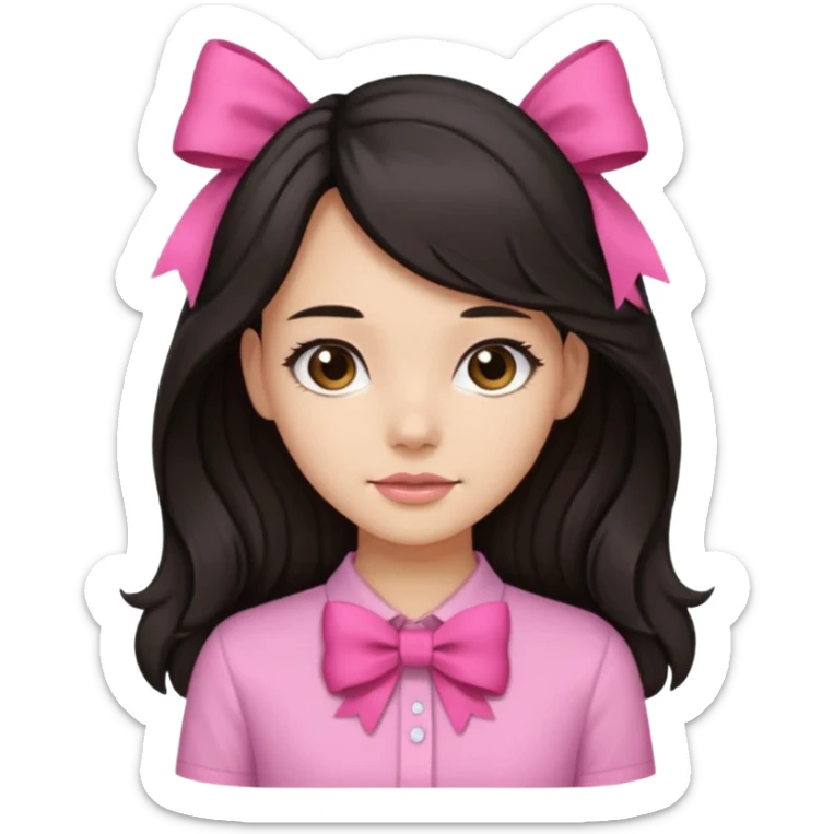 Pretty girl with long black straight kinda wavy hair with pink bow,pink shirt,and light brown skin color sticker