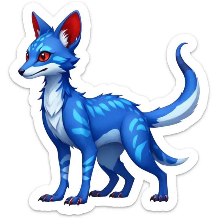 Feral Rare Fantasy neon-sapphire-blue Vernid-Sergal-Genet-species by LiLaiRa, random markings, tufted ears, full body, 4 legs, darker ears, darker legs, neon-red markings, white belly sticker