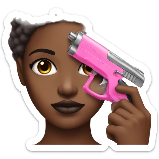 Afro hair brown girl hand pink nails holding pink gun black eyes sticker