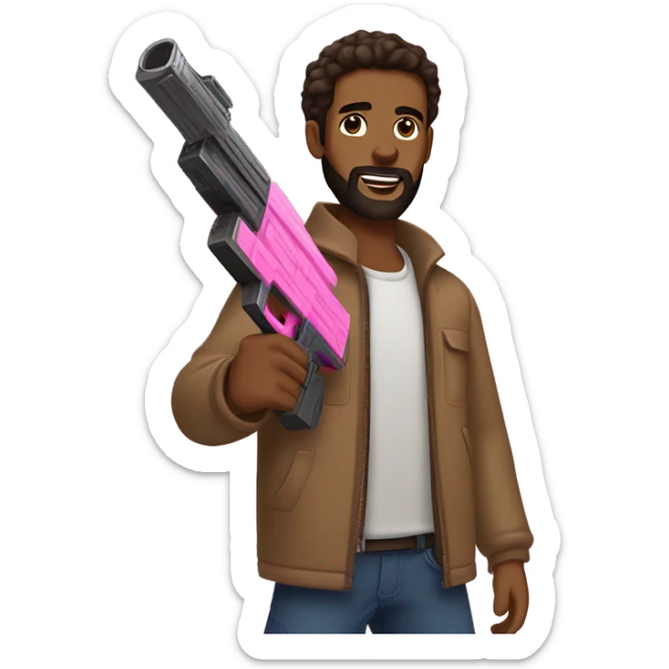 Tan man with dark brown hair, brown eyes, and a beard, holding a sparkly pink nerf gun sticker