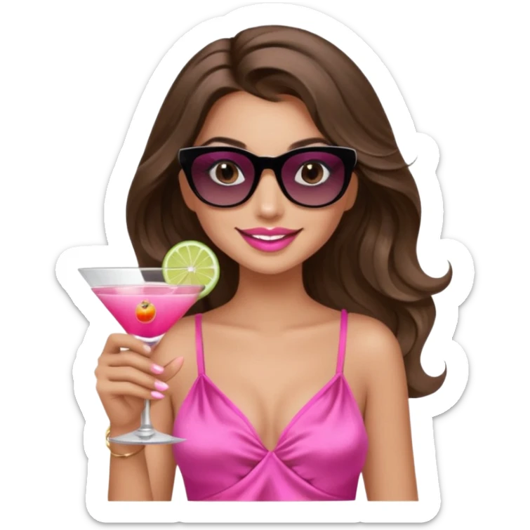 girl with long wavy brown hair, brown eyes, long lashes makeup, sexy pink lips, smiling, light to medium complexion, wearing a pink sexy silk top, relaxing in a beach chair, wearing black sunglasses, holding a drink sticker