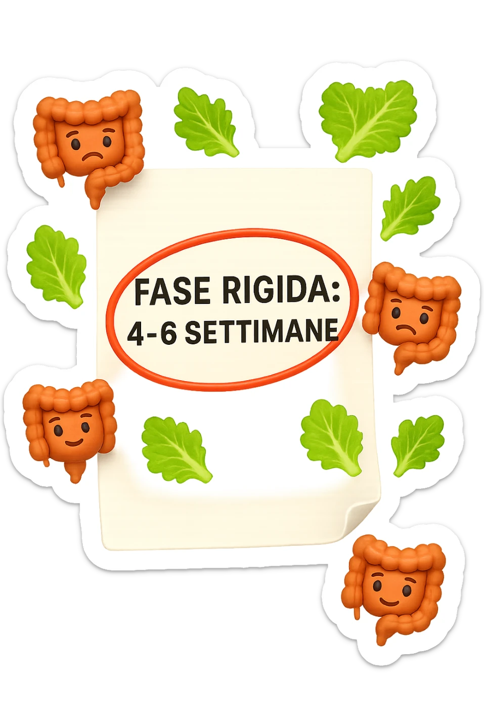 EMOJI STILE IPHONE DI UN foglio di carta fluttua in aria con la scritta "FASE RIGIDA: 4-6 SETTIMANE" CERCHIATA A PENNA IN ROSSO, ATTORNO AL FOGLIO FLUTTUANO PICCOLI TRATTI DI COLON UMANO IN STILE EMOJI E FOGLIE DI INSALATA, REALISTICA 4K sticker