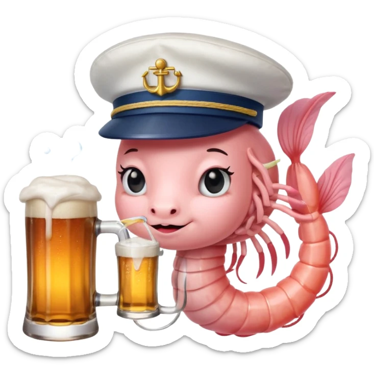 Genérame un camarón con tu tarro en mano de cerveza moderna, asomándose or un costado con cara de curiosidad  sticker