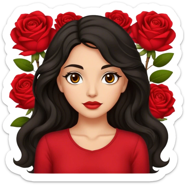 Olive brown eyed women with black long wavy hair rose background red top sticker