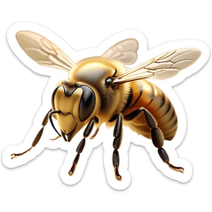 Beautiful and Majestic Bee Portrait Emoji, Head and body rendered in serene repose with a gentle, content smile, showcasing a tiny, fuzzy form with softly closed delicate wings and eyes in tranquil slumber, Simplified yet exquisitely endearing features, highly detailed, glowing with a soft, drowsy golden light, high shine, relaxed and utterly noble, stylized with an air of regal natural beauty, soft glowing outline, capturing the essence of a majestic bee that embodies the timeless charm of nature! sticker