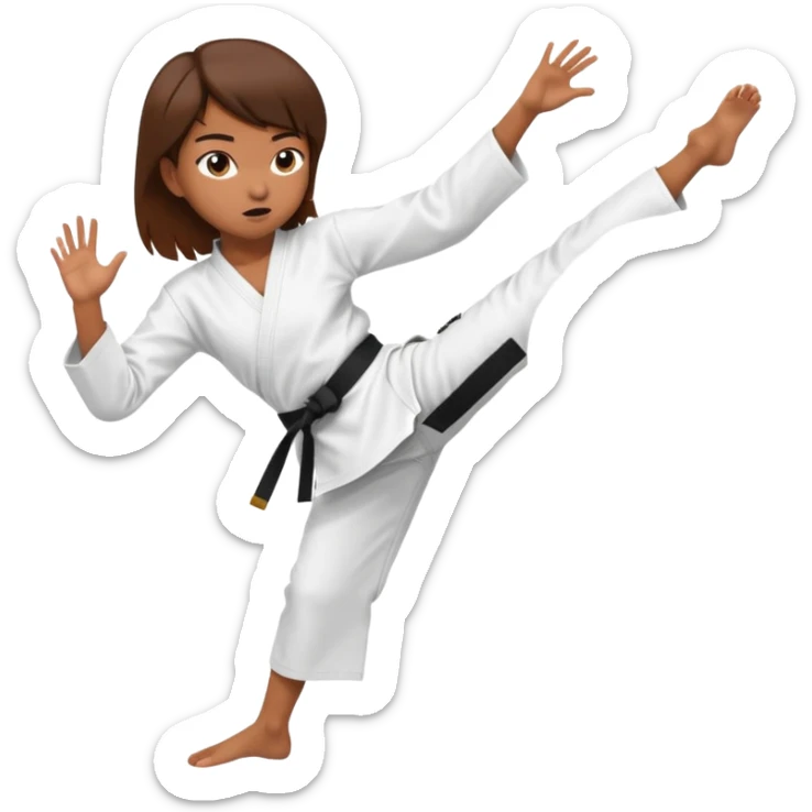 Ragazza castana che pratica karate, ha la cintura nera ed io tradizionale kimono bianco del karate, tira un calcio laterale  sticker