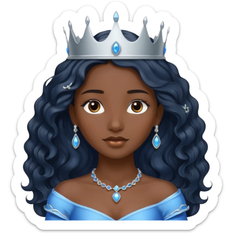 Por favor hazme el emoji de la princesa pero morena con el pelo negro y ondulado y largo, los ojos marrones y la corona plateada con jollas azules sticker