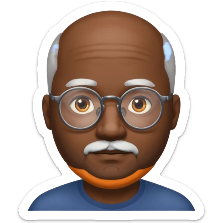 African american male, bald, gray beard. Round face, glasses sticker
