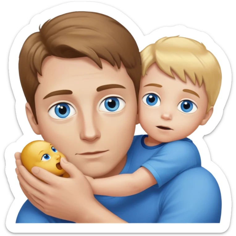 A white man brown hair, blue narrow eyes with a small child with golden hair and blue eyes in his arms is peeping, the emphasis is on the eyes, white skin sticker