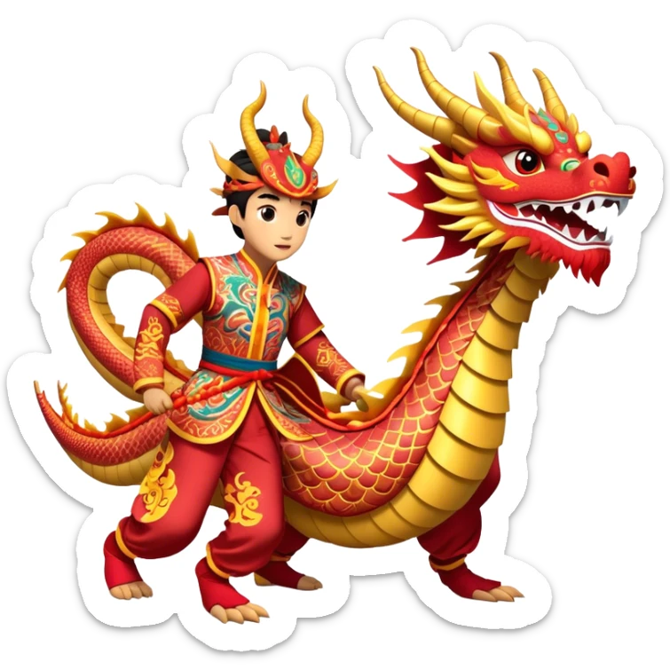 Cinematic Realistic scene of two performers guiding an elaborately designed dragon costume during a Dragon Dance, with vivid traditional patterns and dynamic motion, set under festive, red-tinged lighting sticker