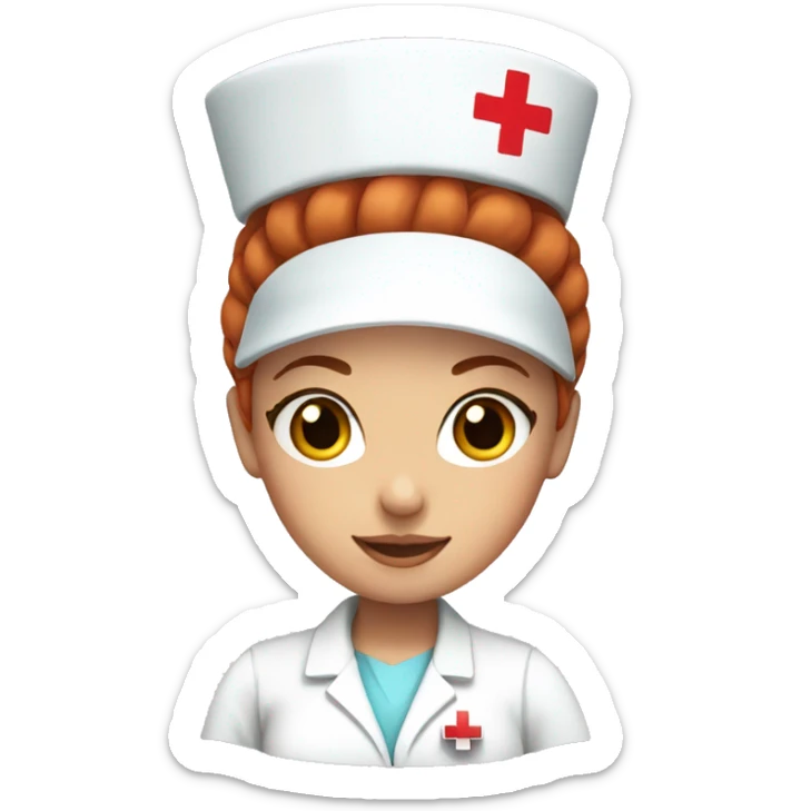 nurse with red hair in a bun and white hat with red cross sticker
