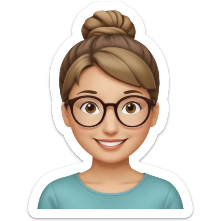 femme de 38 ans avec des cheveux blond foncé, un chignon haut, yeux bruns, lunettes rondes sticker