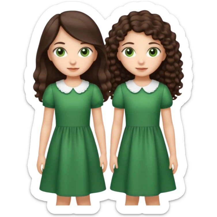 Two moppet girls, 1: long ironed straight darkbrown hair, green eyes, 2: long curly darkbrown hair, brown eyes sticker