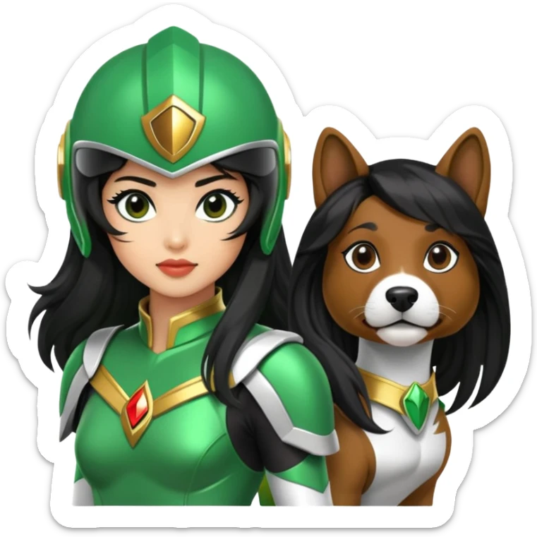 female green power ranger with wasian features, long black hair flowing from helmet, cockapoo dog at her side sticker