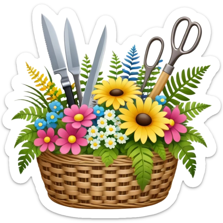 Icon for Floristry: a woven basket with flowers, reeds, ferns, bright ribbons and a small plush toy. Add big garden scissors and knife. The icon should represent creativity in flower arrangement and decorative design. Transparent background. sticker