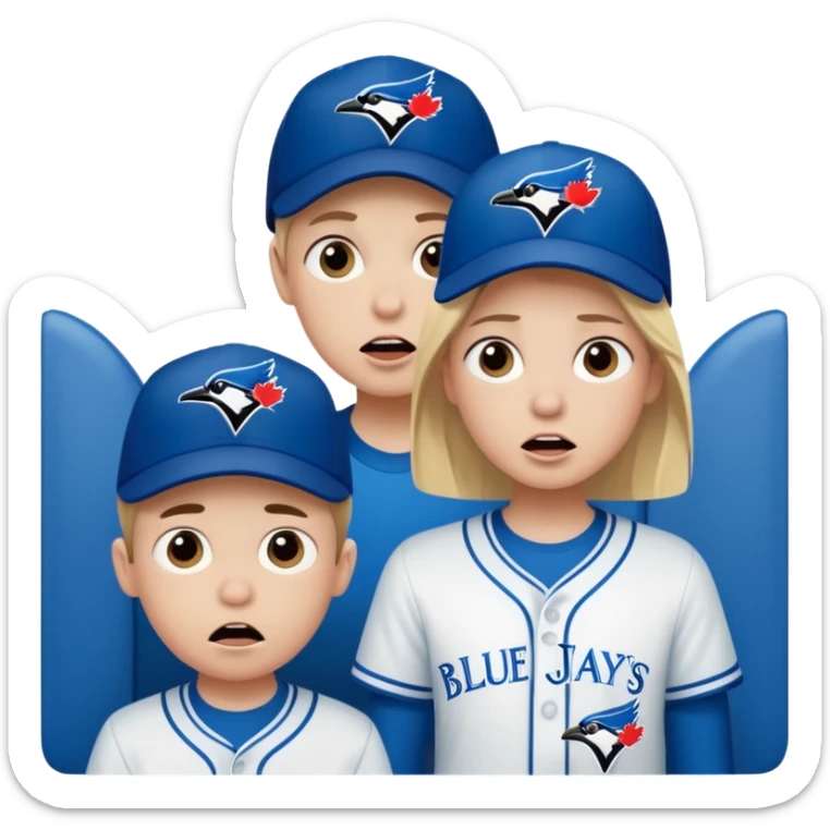 two children, one tall girl and one little boy watching blue jays game, with look of horror on their face sticker