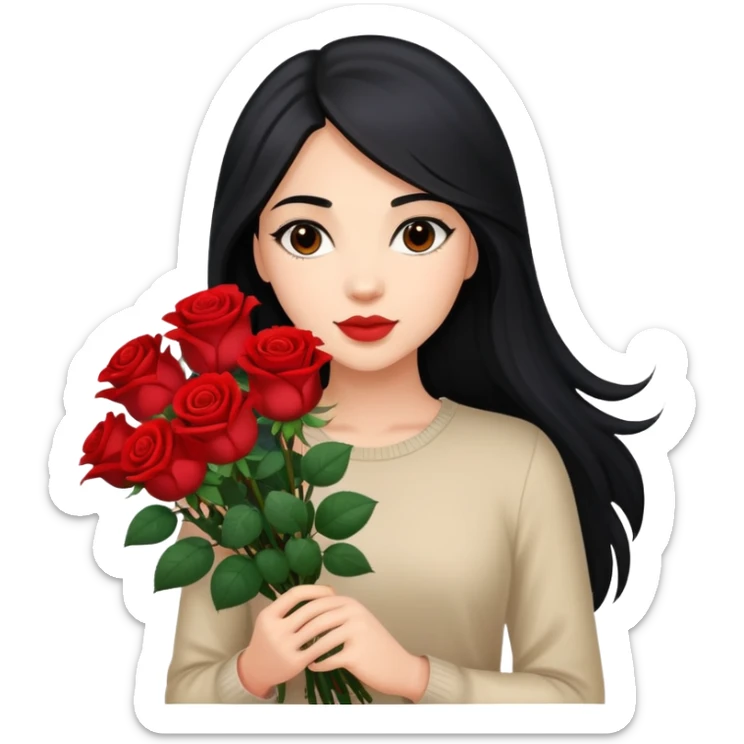 A beautiful girl with long black hair holding a bouquet of roses sticker