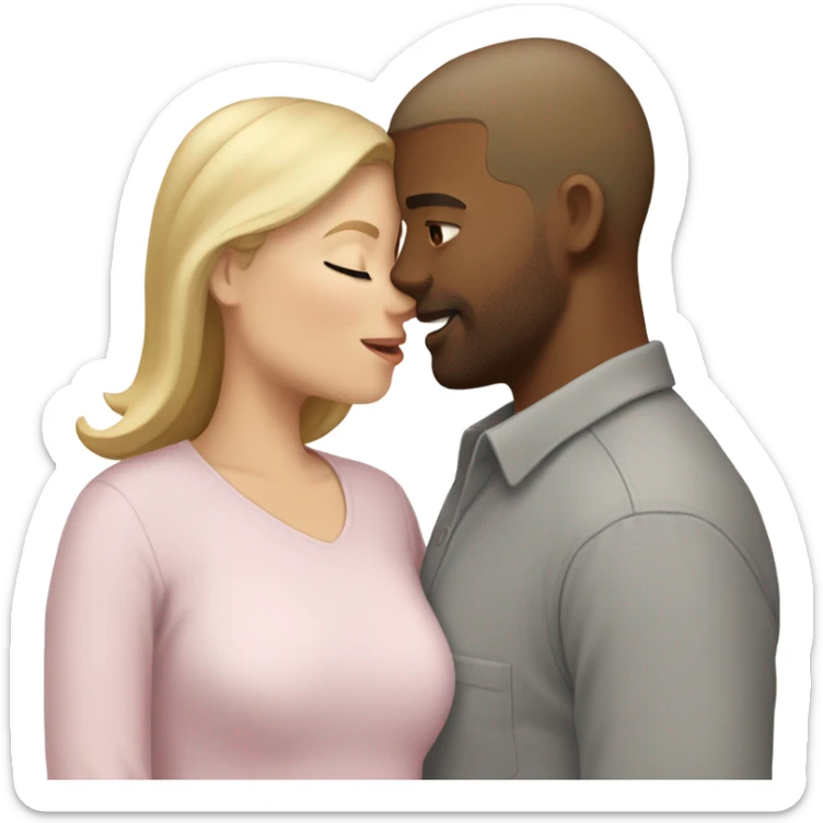 kiss-kiss white woman with blonde hair and a light pink shirt kissing a white man with short brown hair wearing a grey shirt sticker