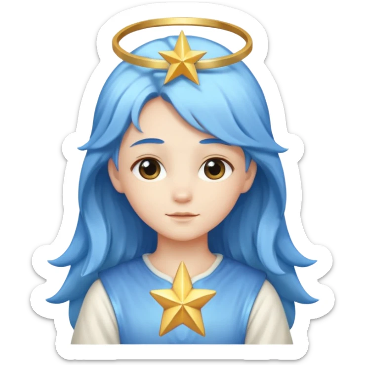 A soft-faced angel with flowing blue hair and glowing halo, holding a small star.






 sticker
