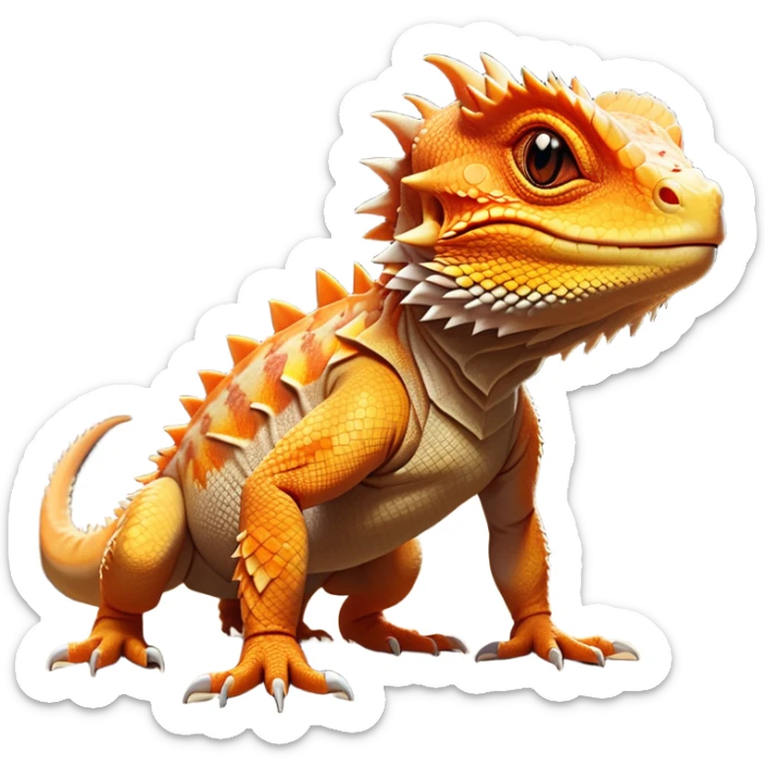 cinematic-bearded-dragon-realistic-full-body-standing on all fours-emoji,-rough-scaled-body-balanced-on-strong-legs,-spiky-throat-slightly-flared,-head-tilted-dramatically,-warm-orange-and-brown-patterns-glowing-under-the-sun,-simplified-yet-realistic-focused-features,-highly-detailed,-glowing-with-an-almost-sarcastic-glow sticker