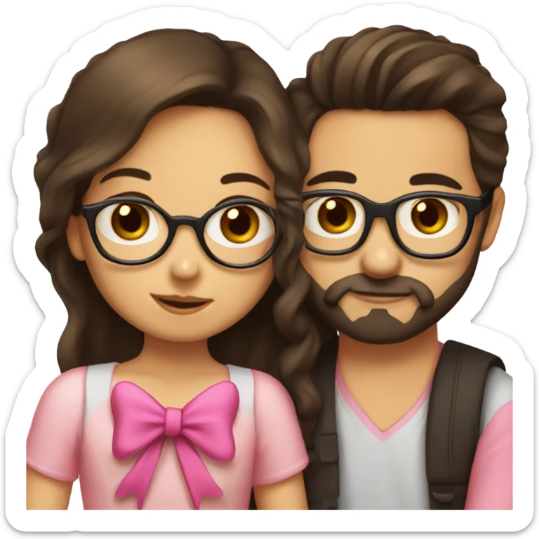 girl with dark brown hair and a pink bow kissing a boy with a beard and glasses and a bow sticker