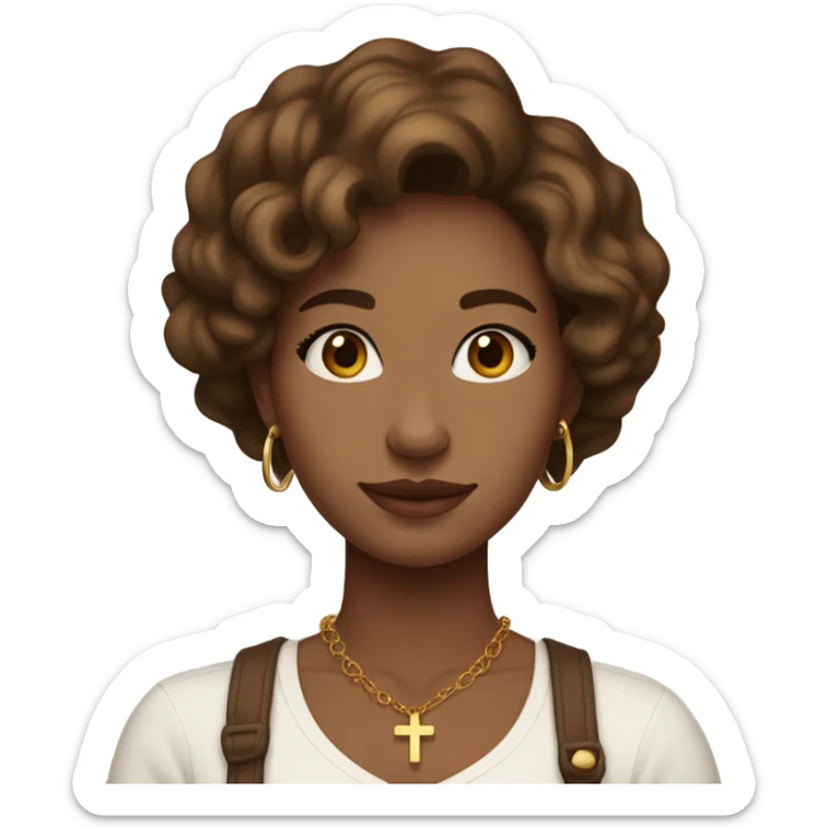 a slightly tan woman with brown slightly wavy hair, beautiful, wearing small gold hoop earrings and a small gold cross necklace, wearing a cute white square neck shirt sticker