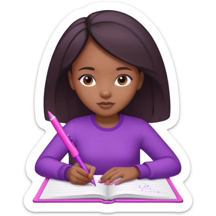 Une fille noir au cheveux lisse qui est entrain d’écrire avec un stylo rose sur un cahier violet sticker
