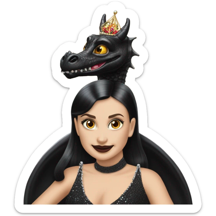 Lavish Victorian evening gown, young Morticia Addams Jedi wearing a mini tiara, riding on the back of a very large black shiny evil-looking fire-spewing horned dragon sticker