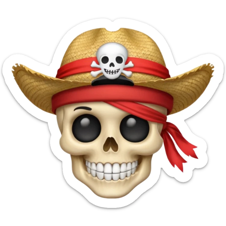 Cute emoji version of Straw Hat pirate skull, round skull, big smile, straw hat with red band, simple flat design, bold outline, transparent background, 1:1 sticker