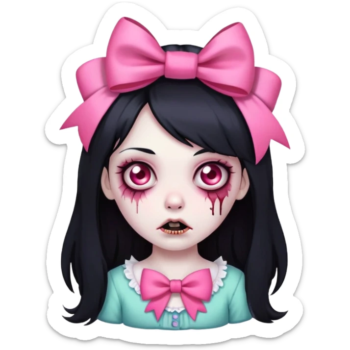 A zombie girl with long black hair, with a pink bow in her hair sticker