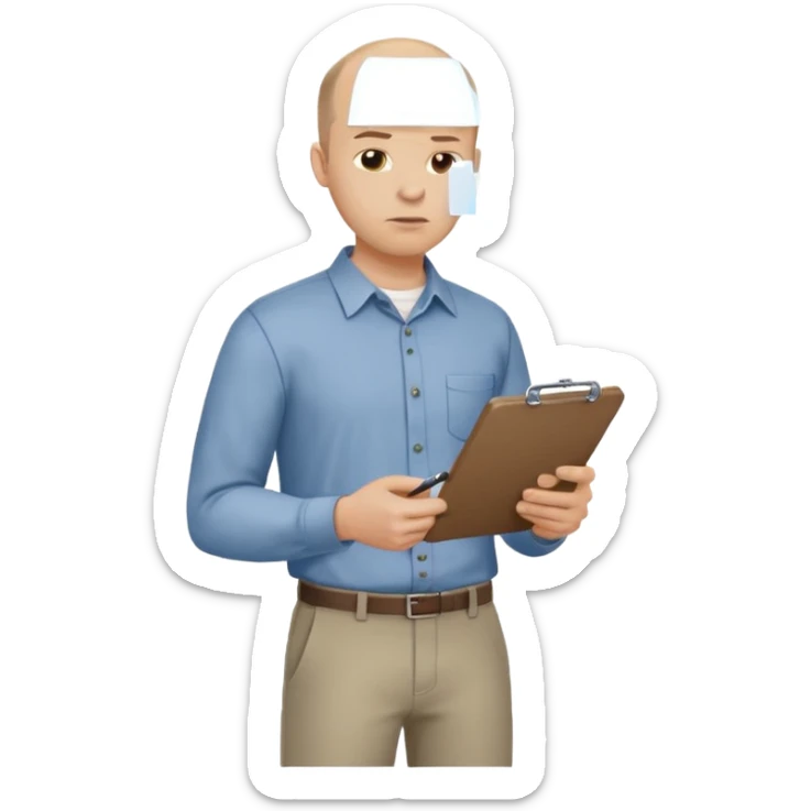 man mid 30's tired shirt and trousers balding hairline standing holding a clipboard sticker