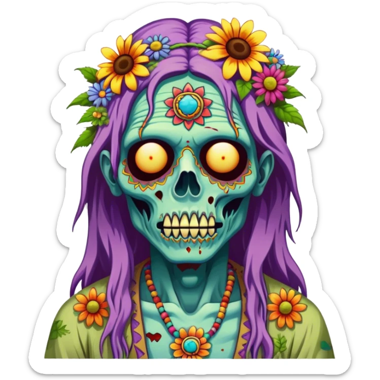 Cinematic ultra detailed 32k HD Psychedelic colored hippie style zombie with flowers sticker