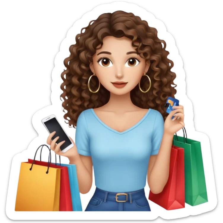 cute girl LONG LONG hair brunette balayage curly/wavy not voluminous hair, brown eyes, hoop earrings, natural pretty clean makeup: holding a credit card and lots of shopping bags sticker
