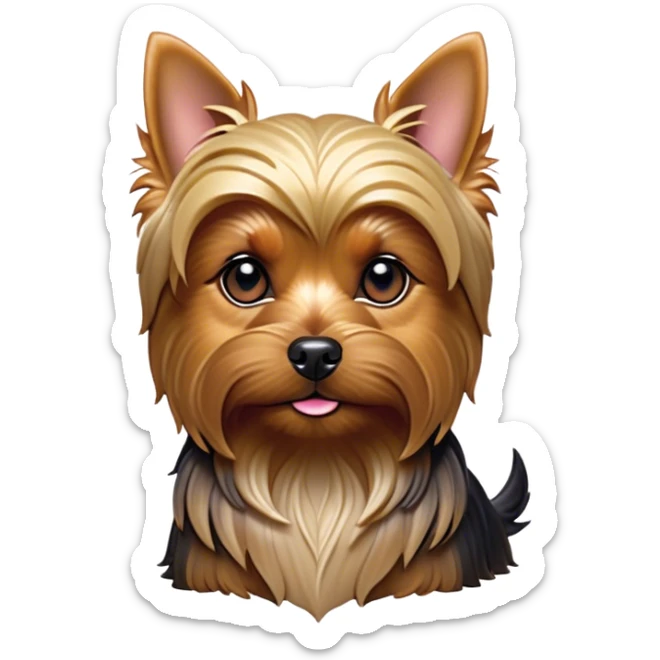 Cinematic Noble Yorkshire Terrier Portrait Emoji, Exuding refined charm and dignified poise, with a lustrous, silky fur in rich, deep hues, alert eyes and a confident expression, simplified yet exquisitely detailed, glowing with a soft, aristocratic radiance, high shine, embodying intelligent grace and classic elegance, soft glowing outline, capturing the essence of a regal Yorkshire Terrier ready to rule the screen with effortless sophistication! sticker
