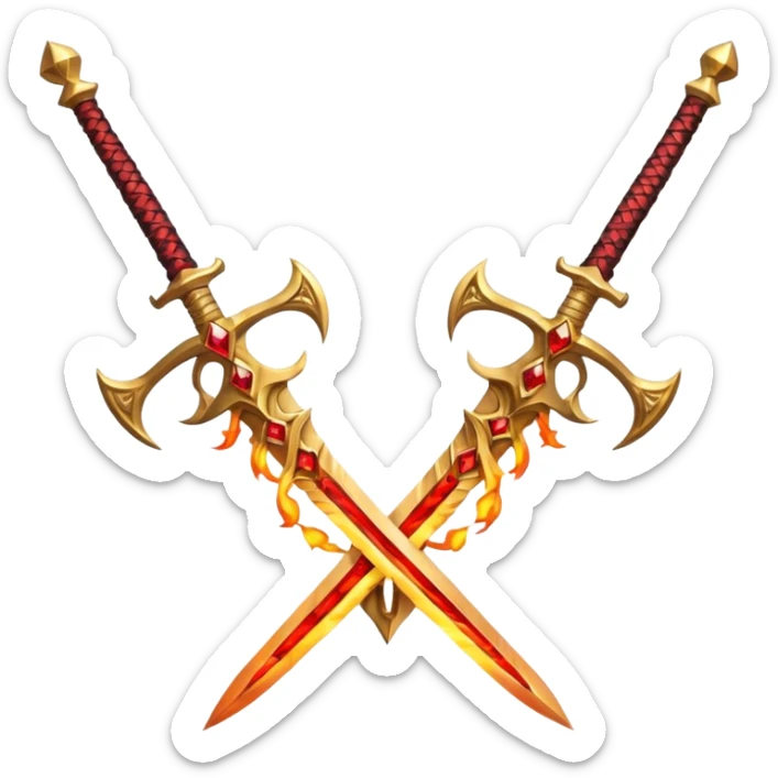 Two powerful on fire fully golden fiery royal crossed swords with red gems sticker